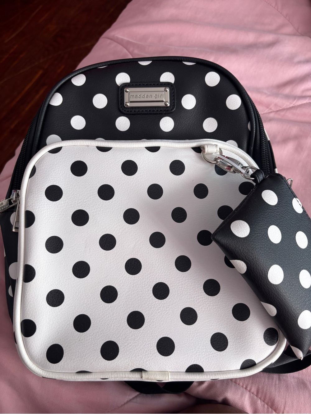 Madden Girl Black and White Polka Dot Mini Backpack